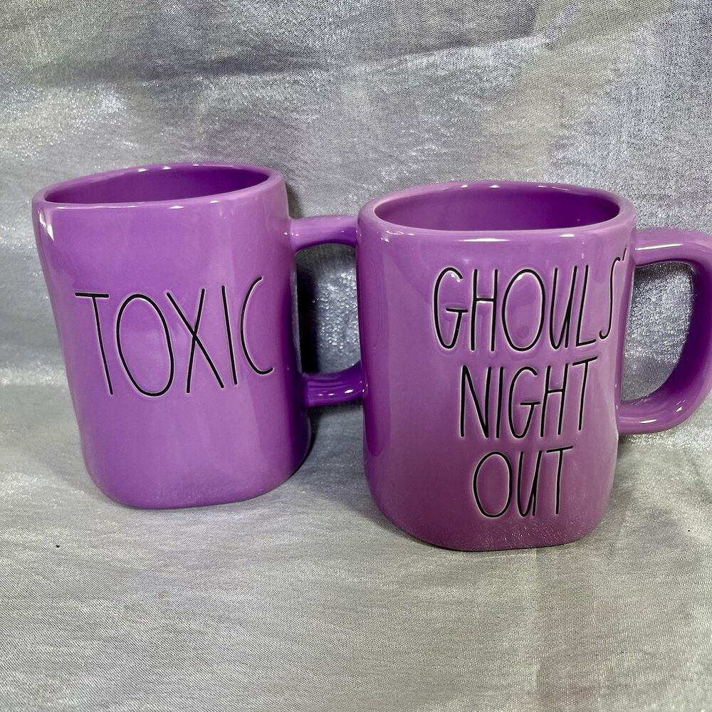 Rae Dunn HALLOWEEN "Toxic & Ghouls Night Out" Purple Mugs by Magenta Set of 2